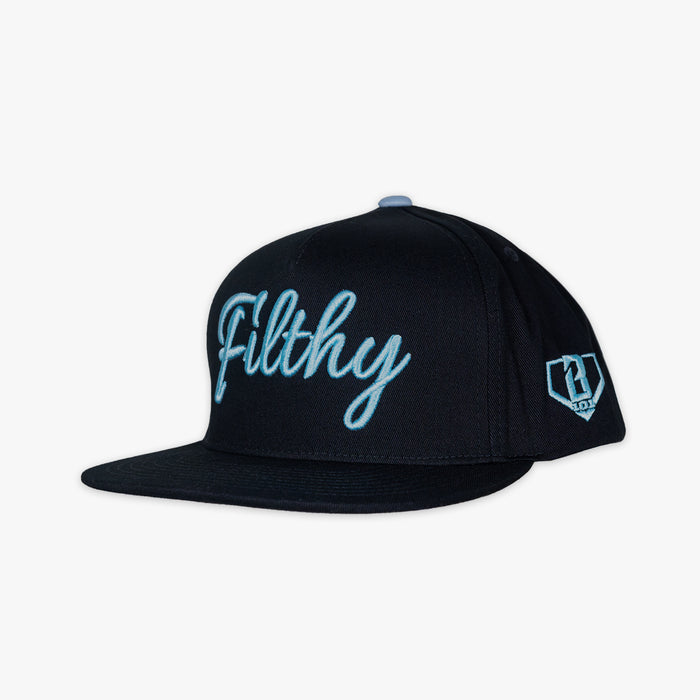 Adult model wearing black and light blue Filthy Off Field Snapback hat