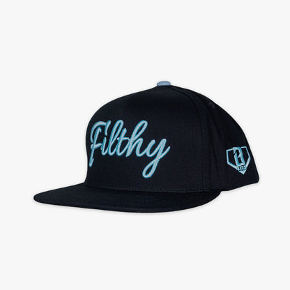 Adult model wearing black and light blue Filthy Off Field Snapback hat