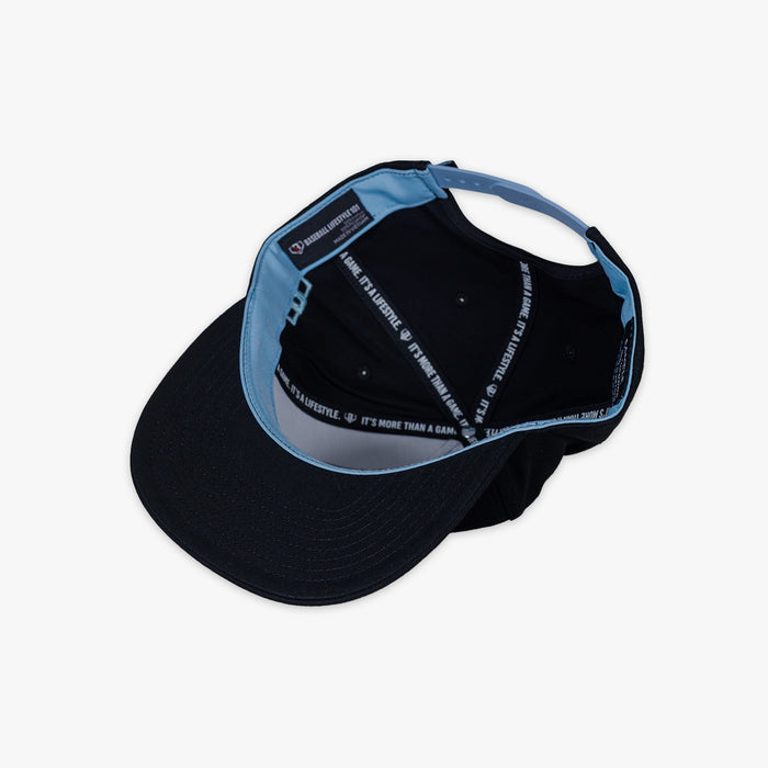 Adult model wearing black and light blue Filthy Off Field Snapback hat