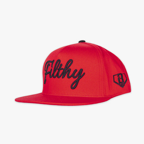 Adult model wearing red and black Filthy Off Field Snapback hat