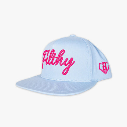 Light blue cap with pink Filthy text and logo on a white background