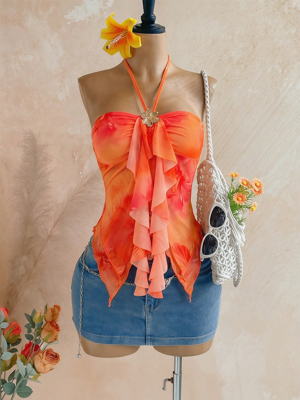 Firerie Women's Asymmetric Hem Metal Buckle Camisole Top,Burnt Orange Summer Casual Holiday Vacation Printed Sleeveless Blouse, Boho Beach Party Top