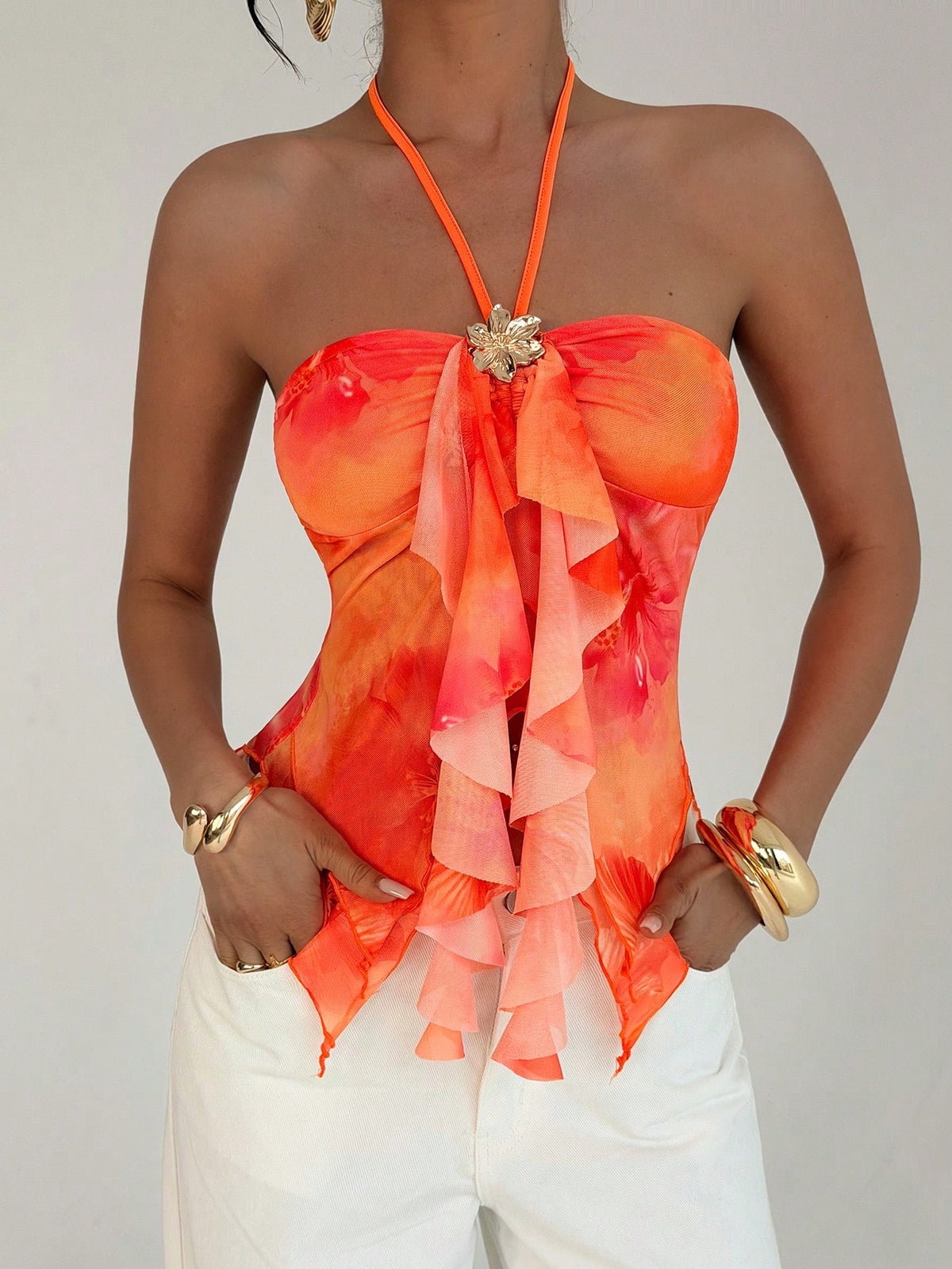 Firerie Women's Asymmetric Hem Metal Buckle Camisole Top,Burnt Orange Summer Casual Holiday Vacation Printed Sleeveless Blouse, Boho Beach Party Top