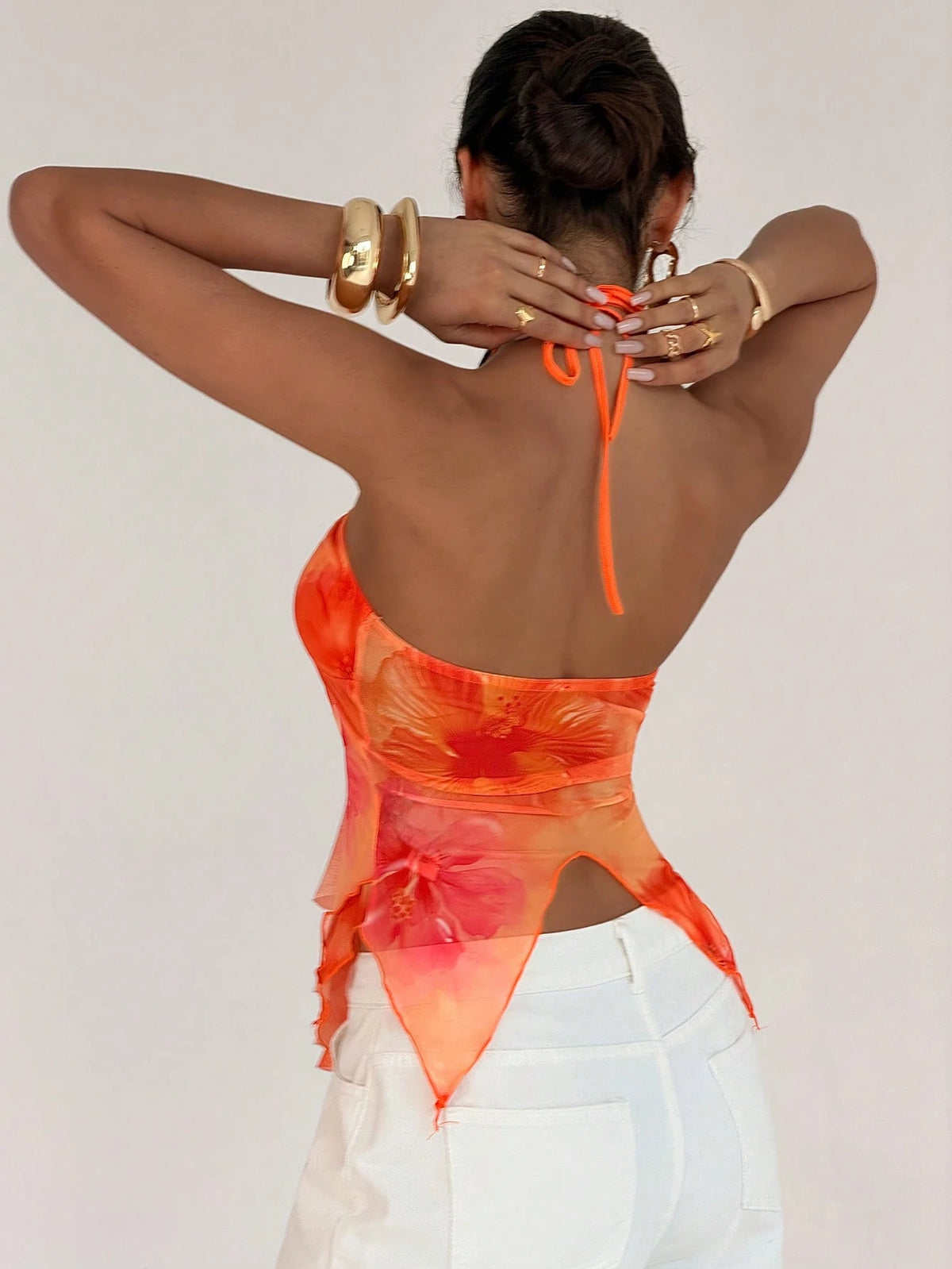Firerie Women's Asymmetric Hem Metal Buckle Camisole Top,Burnt Orange Summer Casual Holiday Vacation Printed Sleeveless Blouse, Boho Beach Party Top
