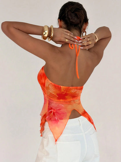 Firerie Women's Asymmetric Hem Metal Buckle Camisole Top,Burnt Orange Summer Casual Holiday Vacation Printed Sleeveless Blouse, Boho Beach Party Top