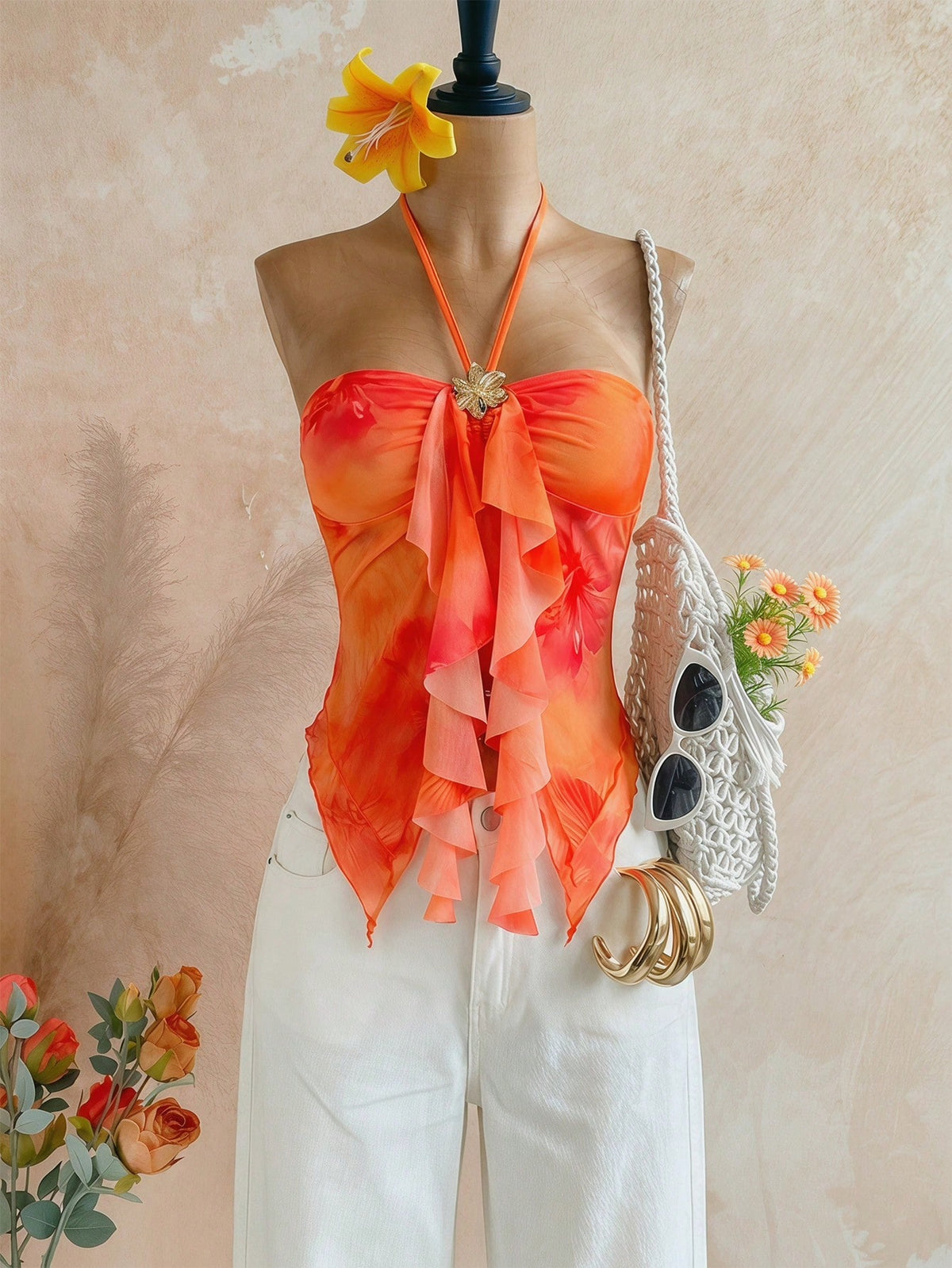 Firerie Women's Asymmetric Hem Metal Buckle Camisole Top,Burnt Orange Summer Casual Holiday Vacation Printed Sleeveless Blouse, Boho Beach Party Top