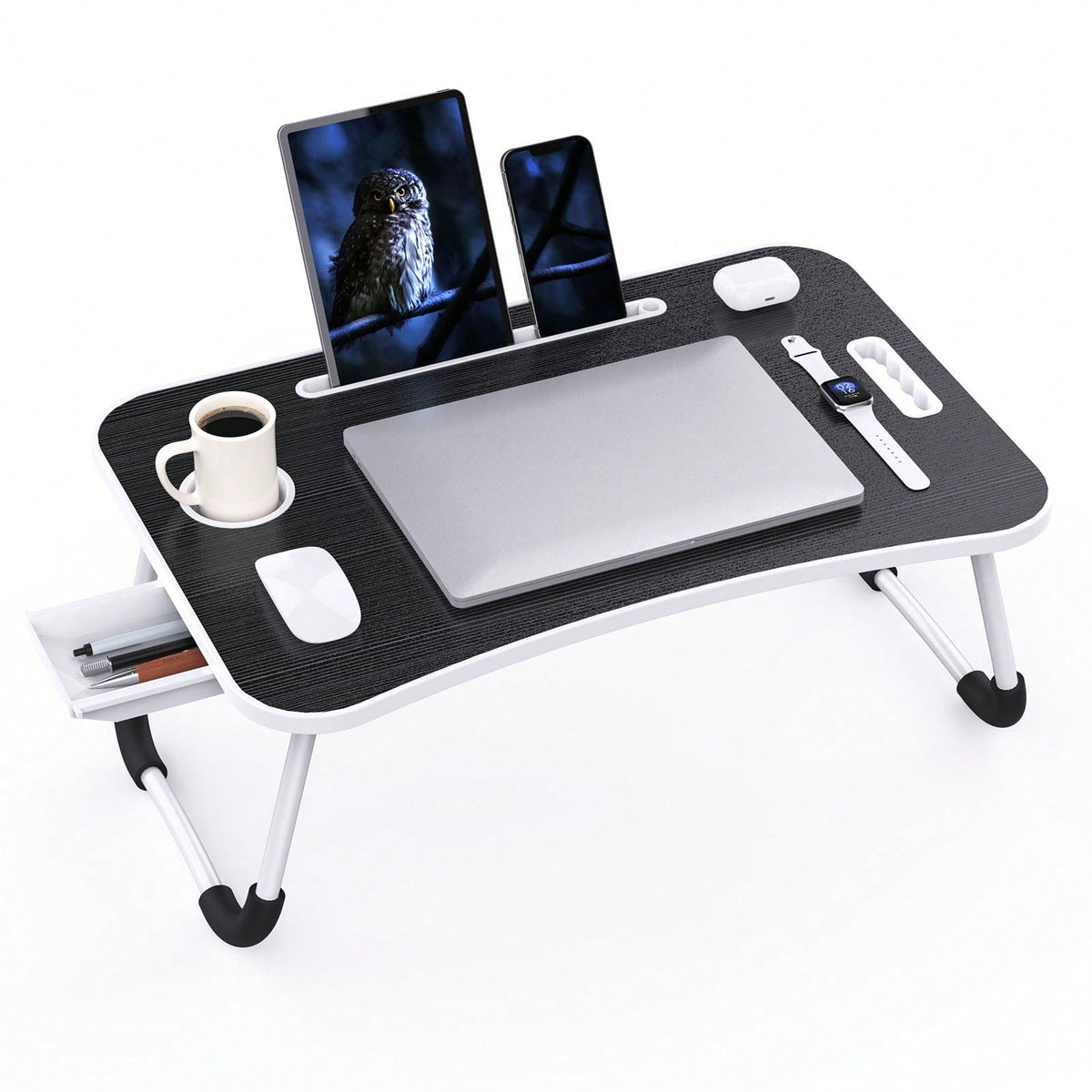 Folding Lap Desk, 23 Inch Portable Wood Black Laptop Bed Desk Lap Desk With Cup Holder, For Working Reading Writing, Eating, Watching Movies For Bed Sofa Couch Floor