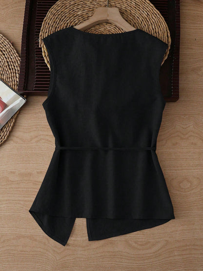 Franclia Black Summer Chic Sleeveless Unique Design Tank Top For Women,Work Casual Elegant Korean Style Blouse Modern Latest Tops For Woman Clothes