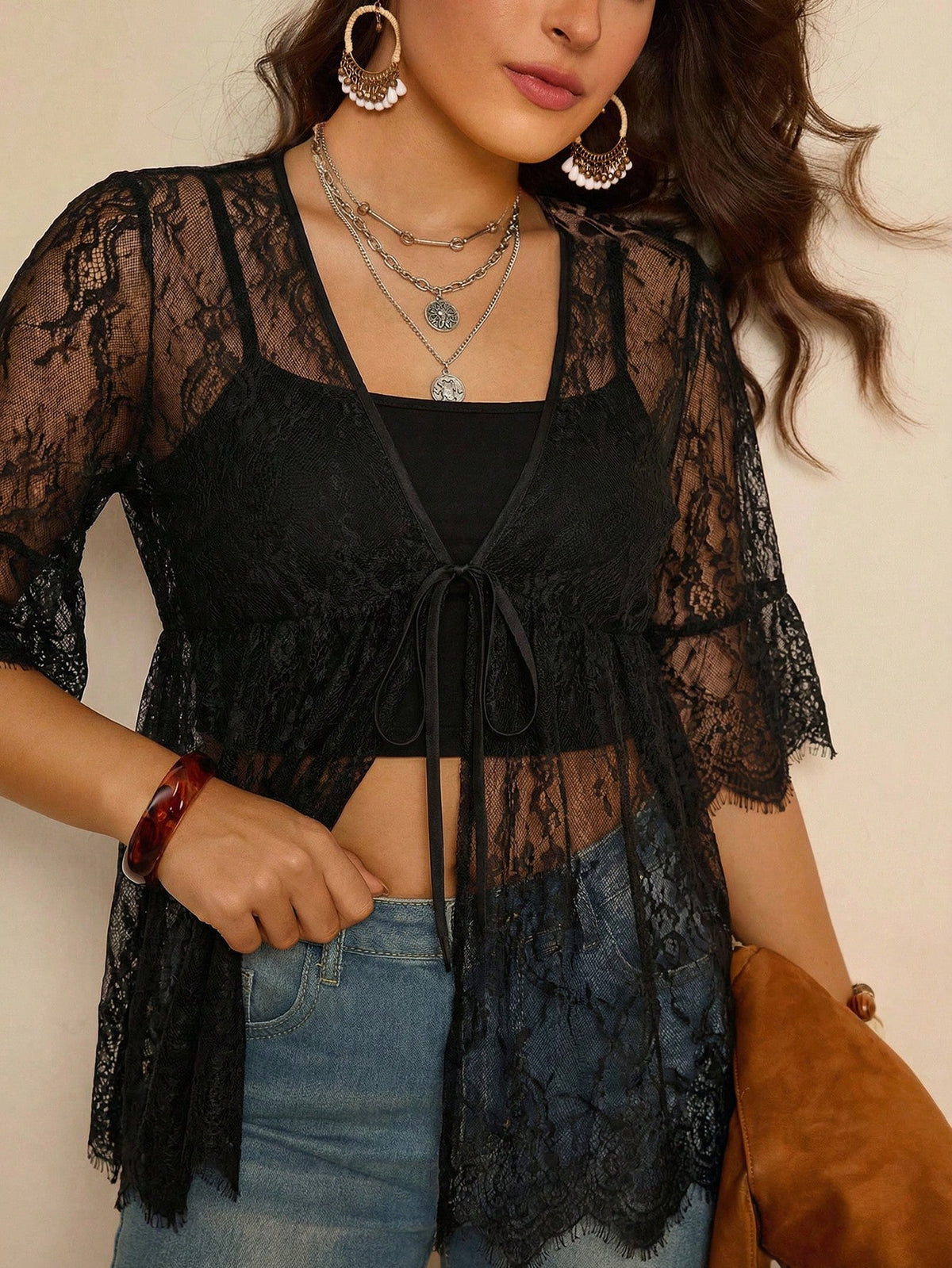 Freevana Plus Sized Women Black And Gold Lace Kimono Elegant Casual Country Formal Evening Wedding Guest Concert Holiday Open Front Sheer Cover Up