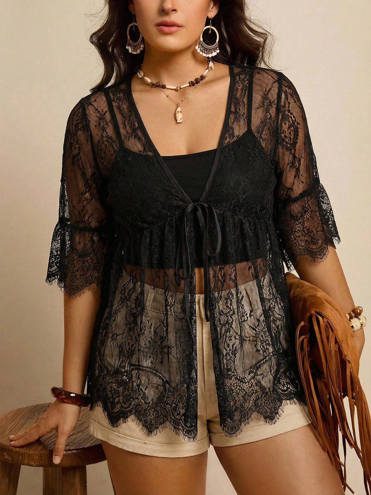 Freevana Plus Sized Women Black And Gold Lace Kimono Elegant Casual Country Formal Evening Wedding Guest Concert Holiday Open Front Sheer Cover Up