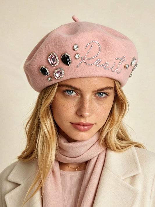 French Style Heavy Embellished Rhinestone Wool Beret Hat For Women, Autumn/Winter Vintage Rich Girl Painter Hat, Luxury Rhinestone Pumpkin Hat, Face-Slimming Warm