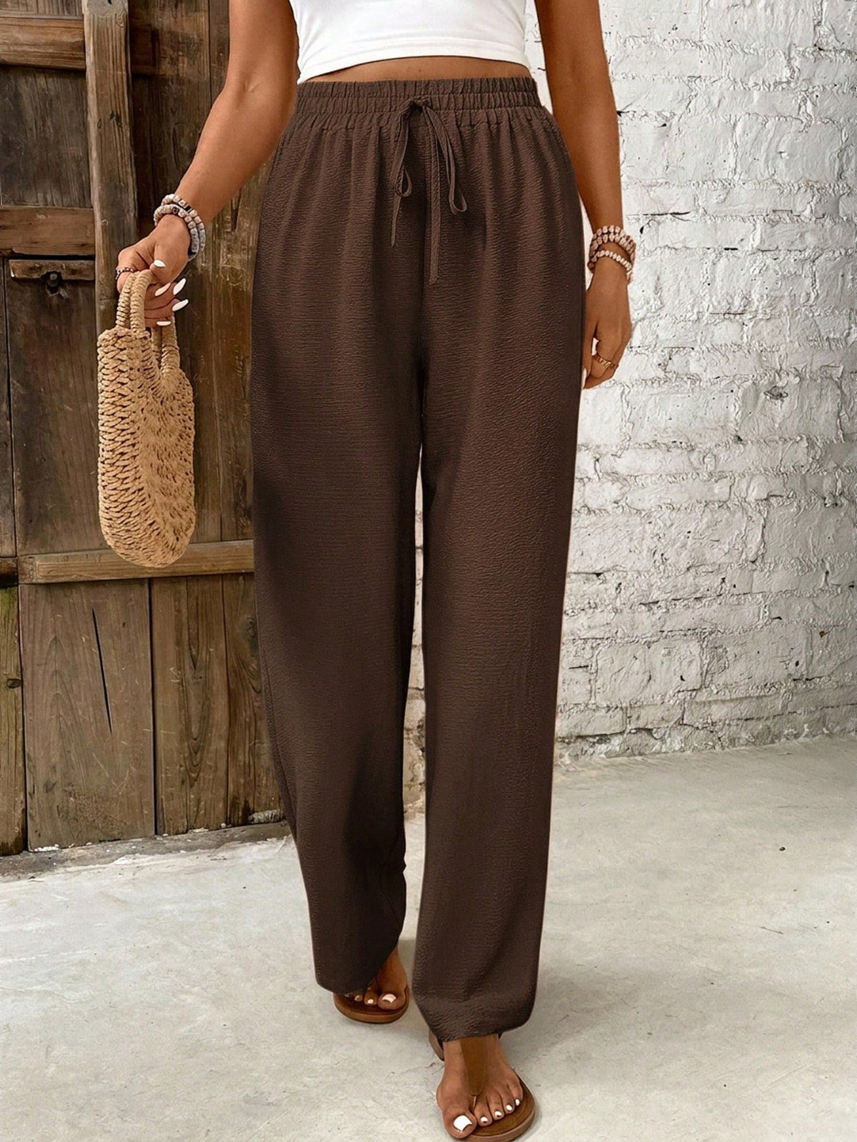 Frenchy Women's Summer Solid Color Drawstring Waist Straight Leg Pants