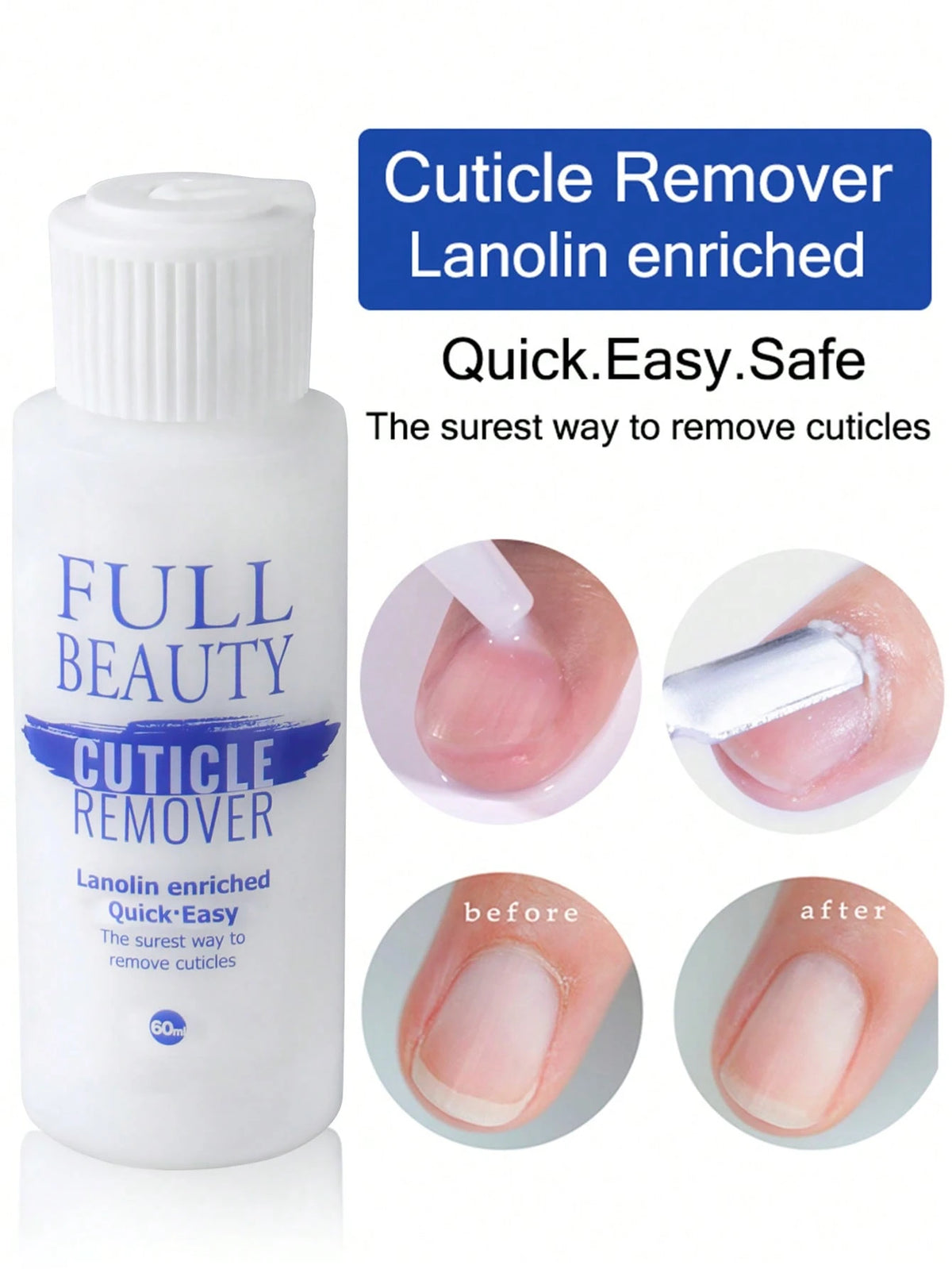 FULL BEAUTY 60ml Nail Cuticle Softening Gel Cream, Smooth & Moisturizing, Removes Nail Dead Skin, Manicure Care Repair Tool With Cuticle Pusher Nails