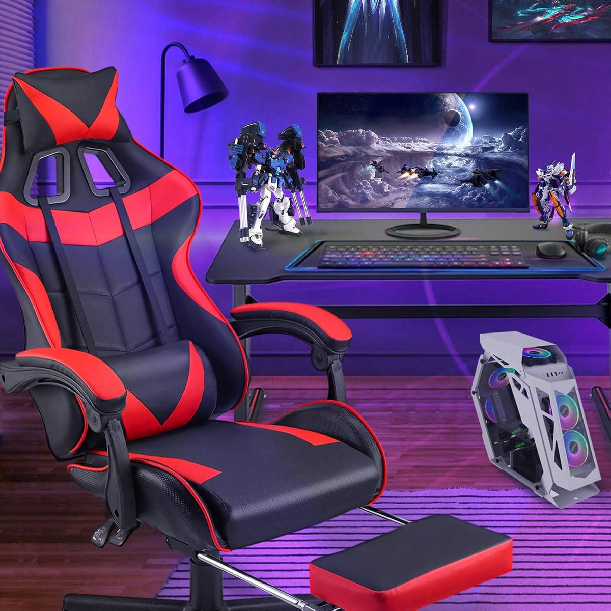 Gaming Chair With Footrest, Ergonomic Computer Chair Lumbar Support, Adjustable High Back Recliner For Adults, Racing Style Video Gaming Chairs, For Home Office Streaming Red