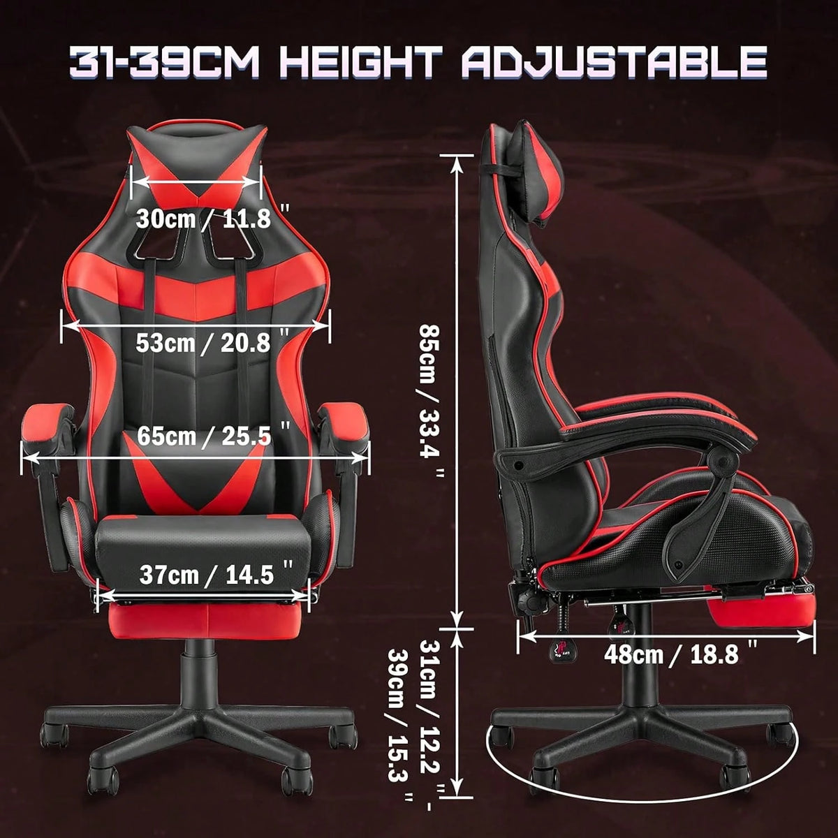 Gaming Chair With Footrest, Ergonomic Computer Chair Lumbar Support, Adjustable High Back Recliner For Adults, Racing Style Video Gaming Chairs, For Home Office Streaming Red