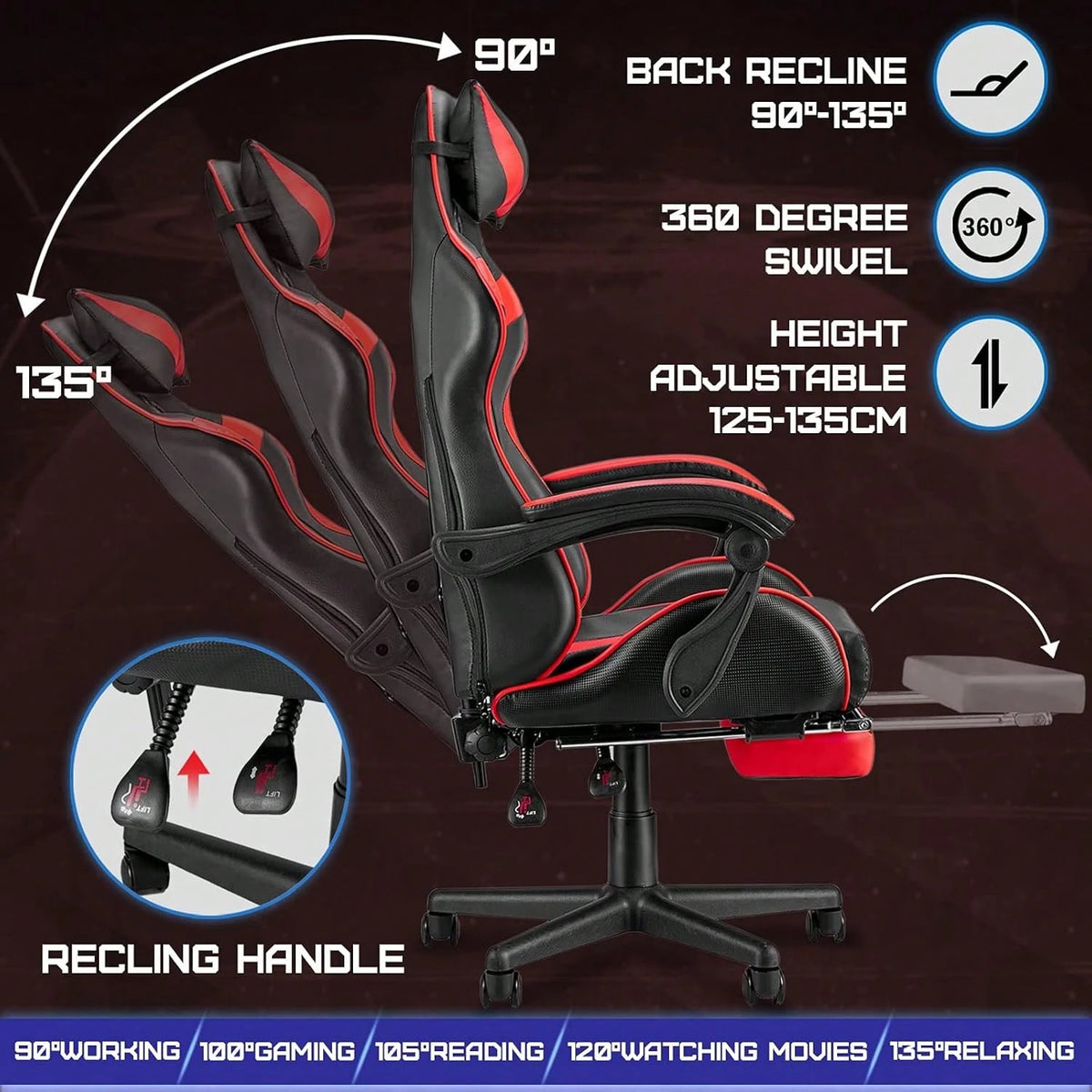 Gaming Chair With Footrest, Ergonomic Computer Chair Lumbar Support, Adjustable High Back Recliner For Adults, Racing Style Video Gaming Chairs, For Home Office Streaming Red