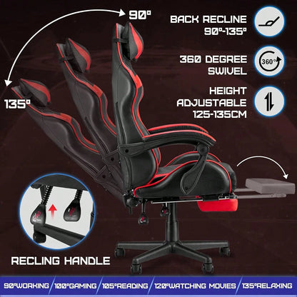 Gaming Chair With Footrest, Ergonomic Computer Chair Lumbar Support, Adjustable High Back Recliner For Adults, Racing Style Video Gaming Chairs, For Home Office Streaming Red