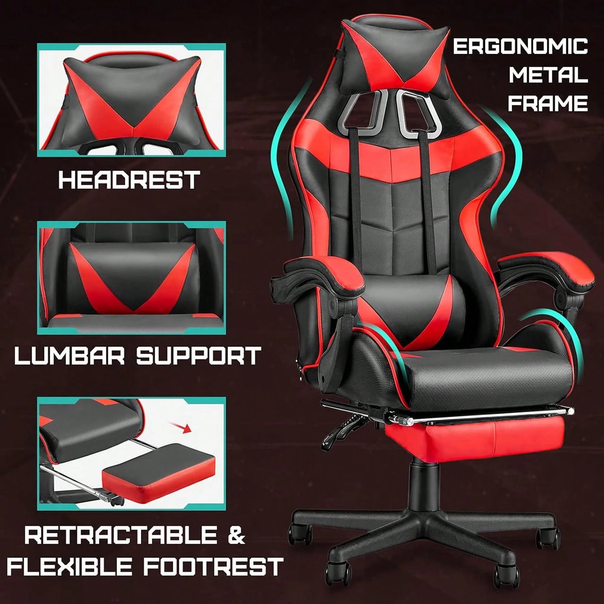 Gaming Chair With Footrest, Ergonomic Computer Chair Lumbar Support, Adjustable High Back Recliner For Adults, Racing Style Video Gaming Chairs, For Home Office Streaming Red