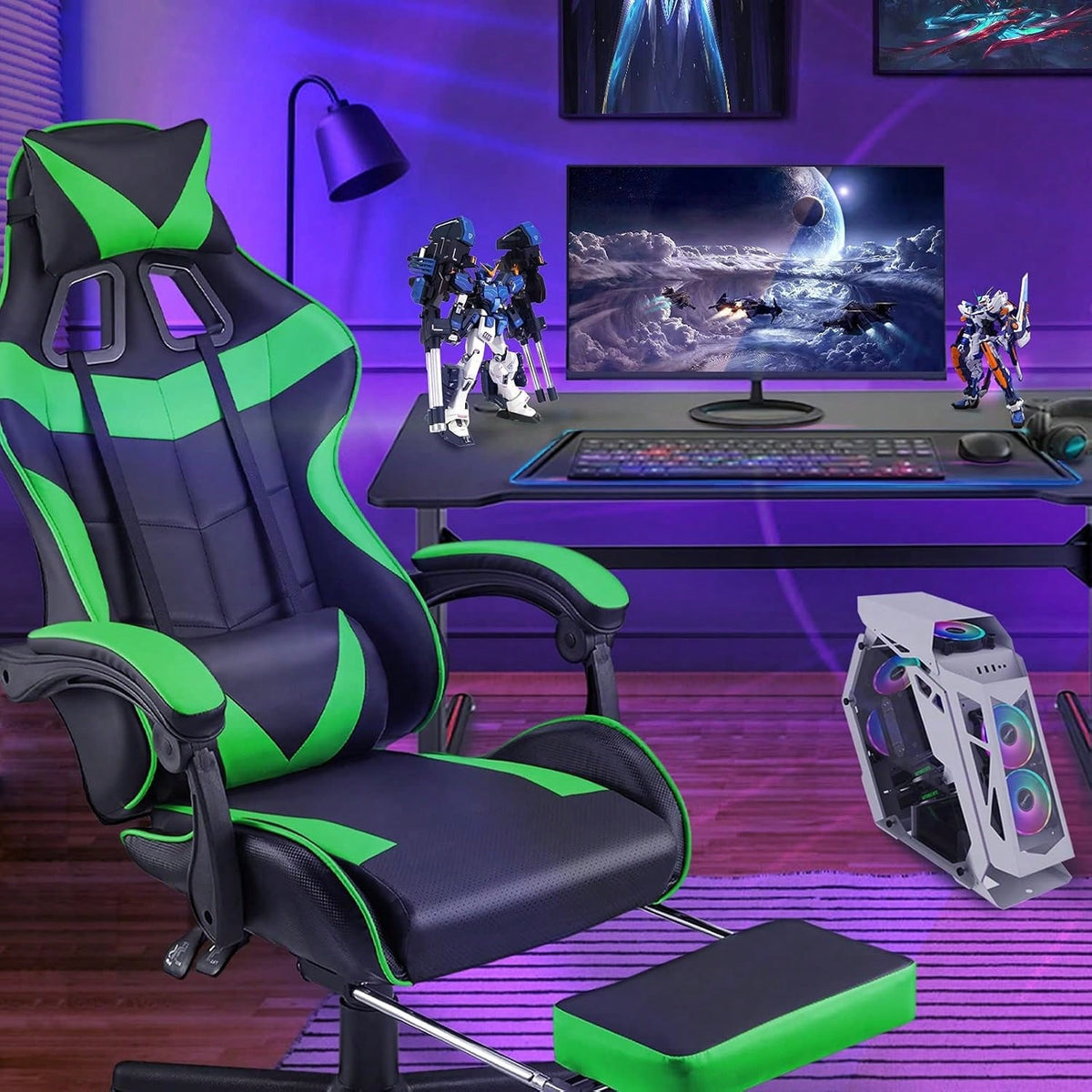 Gaming Chair With Footrest, Ergonomic Computer Chair Lumbar Support, Adjustable High Back Recliner For Adults, Racing Style Video Gaming Chairs, For Home Office Streaming Red