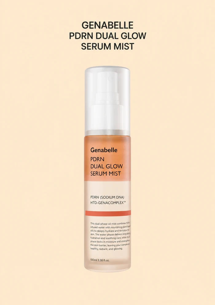 GENABELLE PDRN Dual Glow Serum Mist 100ml bottle on peach background