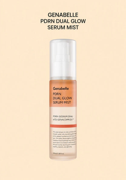 GENABELLE PDRN Dual Glow Serum Mist 100ml bottle on peach background