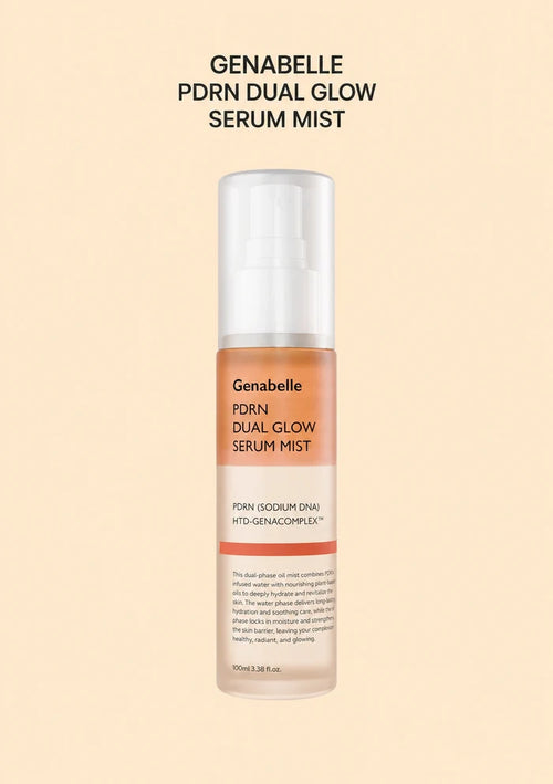 GENABELLE PDRN Dual Glow Serum Mist 100ml bottle on peach background