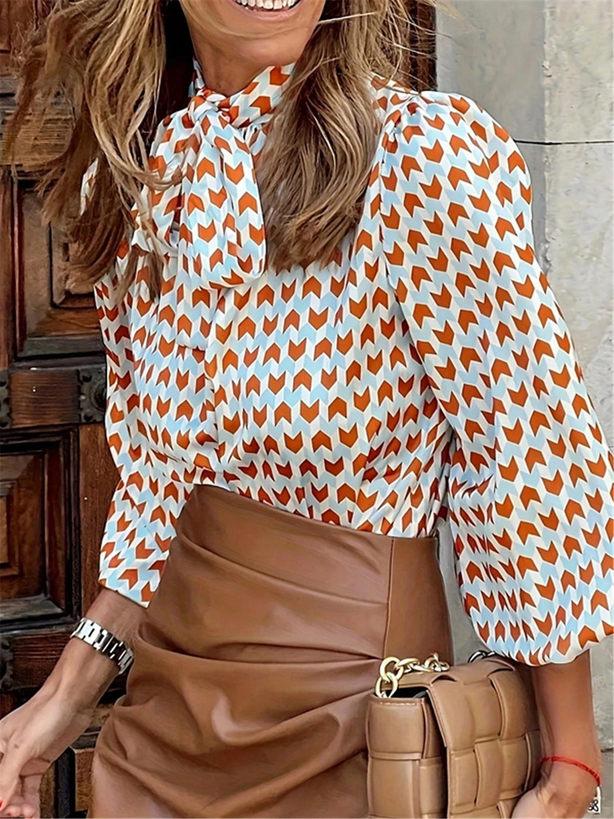 Geometric Print Lantern Sleeve Bow Collar Casual Pullover Blouse, Elegant Daily Commute, Minimalist Lightweight Autumn Back To School