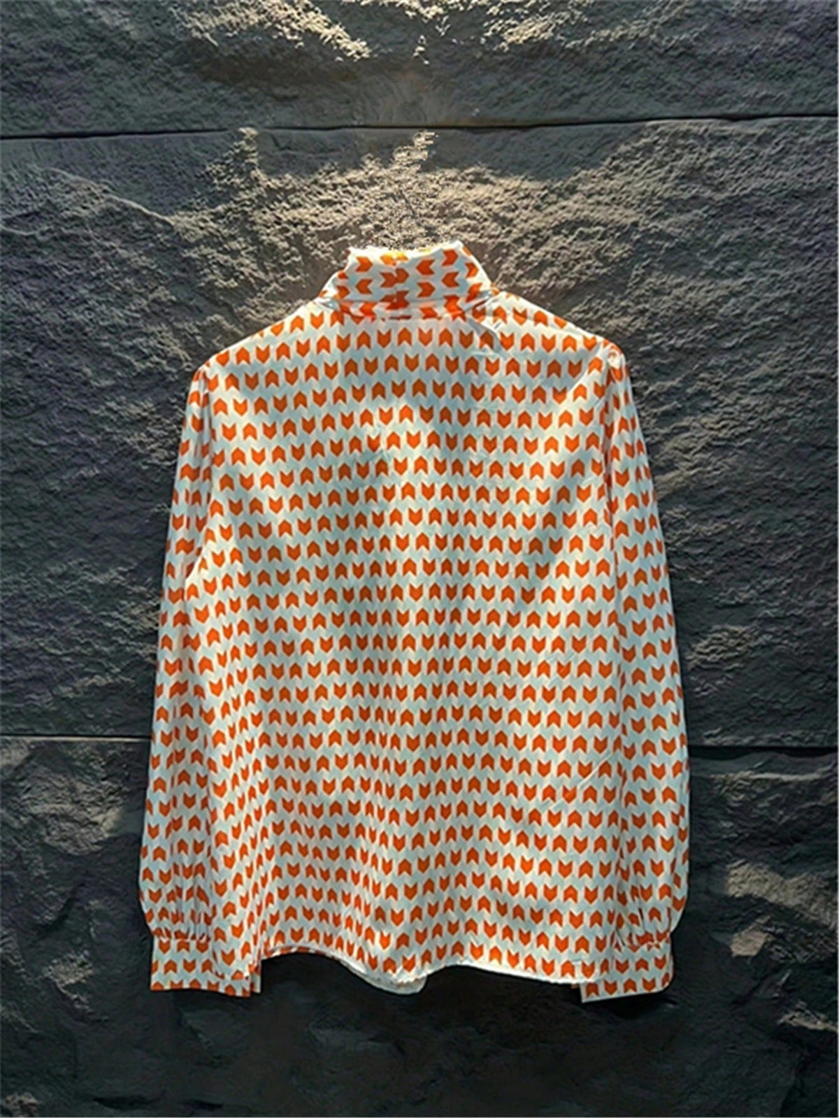 Geometric Print Lantern Sleeve Bow Collar Casual Pullover Blouse, Elegant Daily Commute, Minimalist Lightweight Autumn Back To School