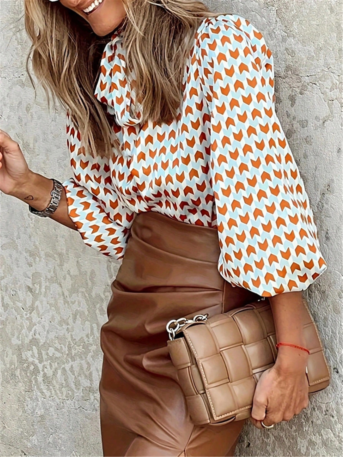 Geometric Print Lantern Sleeve Bow Collar Casual Pullover Blouse, Elegant Daily Commute, Minimalist Lightweight Autumn Back To School
