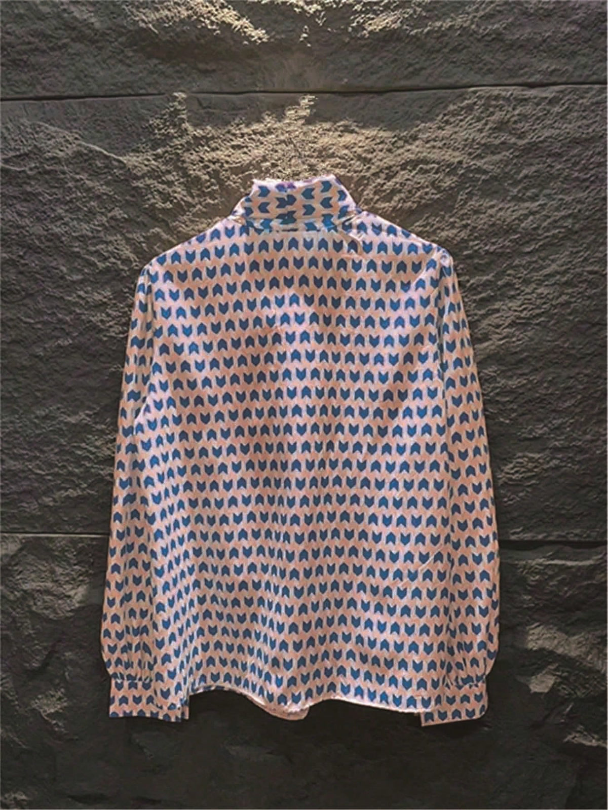 Geometric Print Lantern Sleeve Bow Collar Casual Pullover Blouse, Elegant Daily Commute, Minimalist Lightweight Autumn Back To School