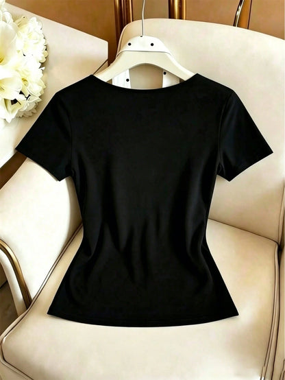 GlowEve Classic Black & White Contrast French Vacation Chic White Polka Dot Twist Front Short Sleeve Knit Top, Elegant Versatile Casual T-Shirt For Women
