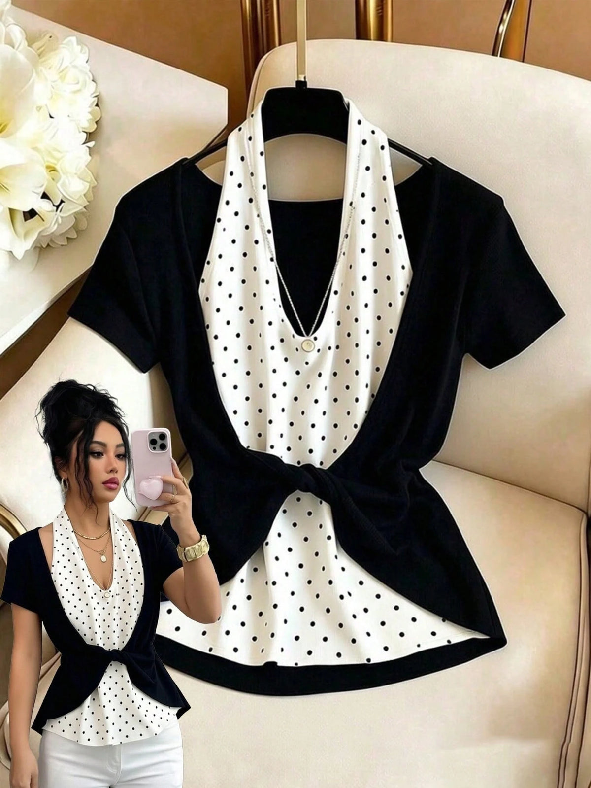 GlowEve Classic Black & White Contrast French Vacation Chic White Polka Dot Twist Front Short Sleeve Knit Top, Elegant Versatile Casual T-Shirt For Women
