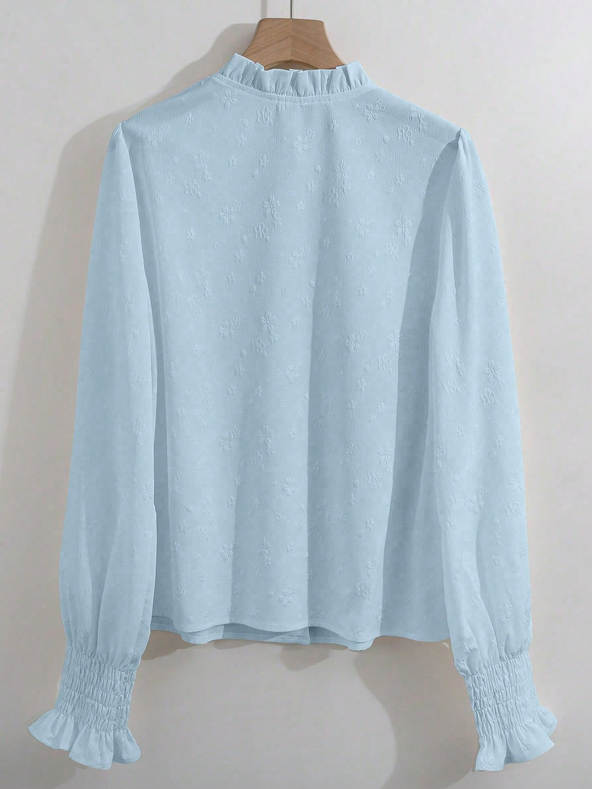GlowEve French Elegant Loose Fit Long Sleeve Blouse, White Jacquard Stand Collar Frill Trim Top, Versatile Casual Outerwear For Women