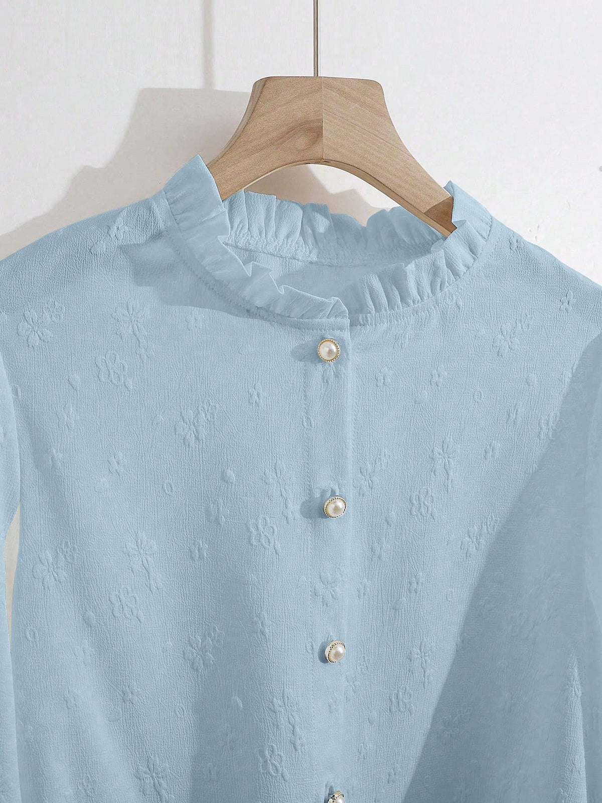 GlowEve French Elegant Loose Fit Long Sleeve Blouse, White Jacquard Stand Collar Frill Trim Top, Versatile Casual Outerwear For Women