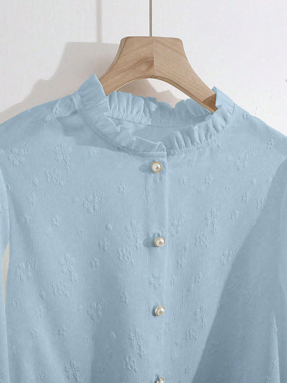 GlowEve French Elegant Loose Fit Long Sleeve Blouse, White Jacquard Stand Collar Frill Trim Top, Versatile Casual Outerwear For Women