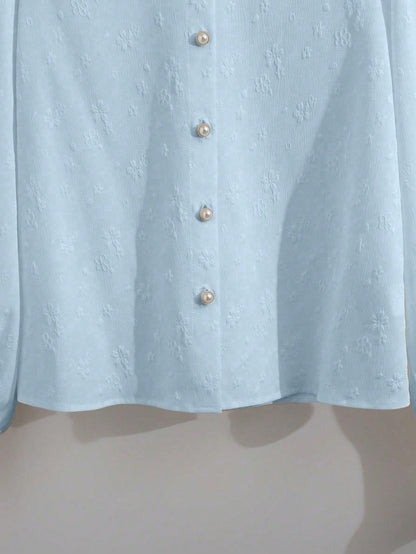 GlowEve French Elegant Loose Fit Long Sleeve Blouse, White Jacquard Stand Collar Frill Trim Top, Versatile Casual Outerwear For Women