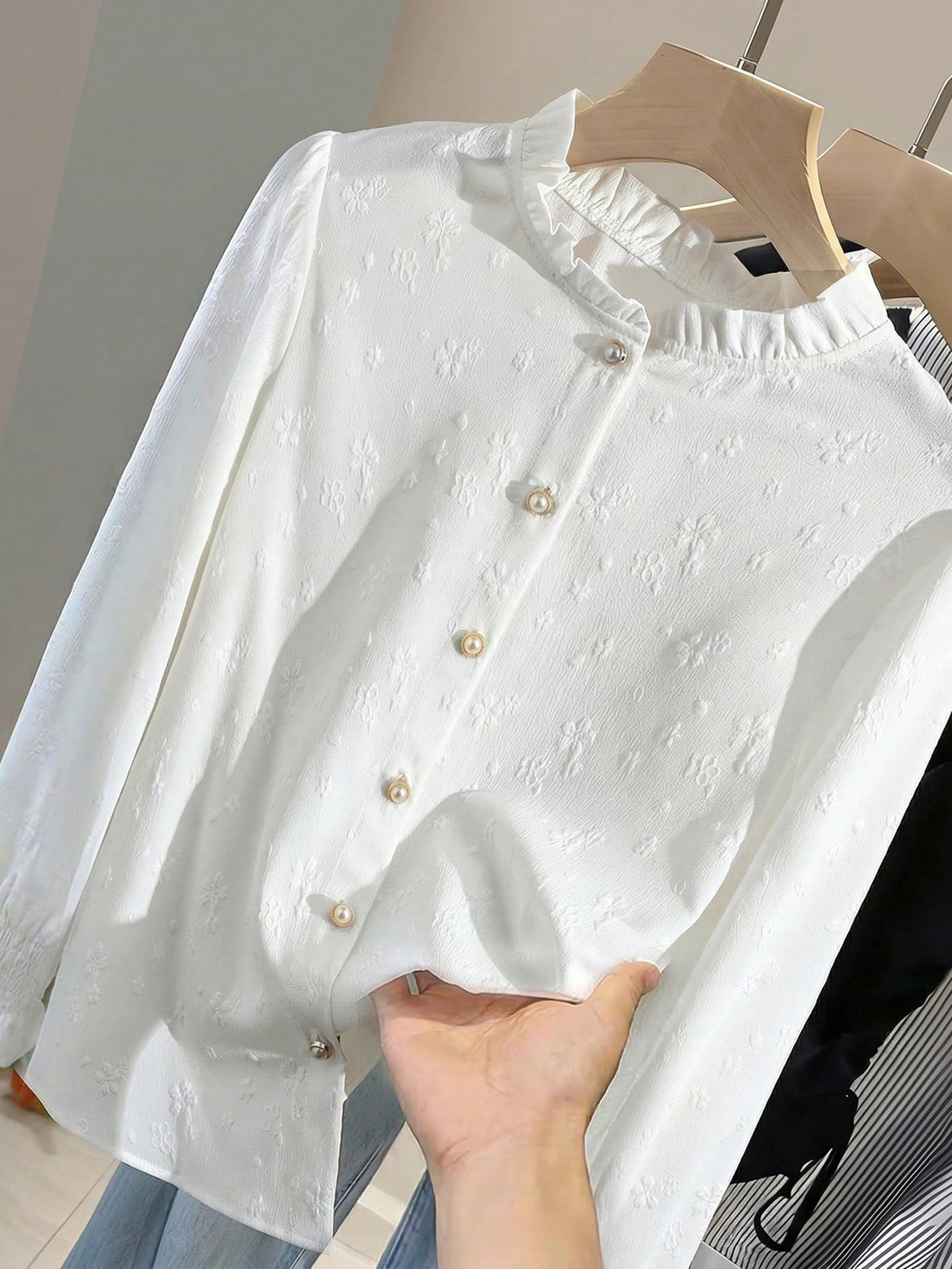 GlowEve French Elegant Loose Fit Long Sleeve Blouse, White Jacquard Stand Collar Frill Trim Top, Versatile Casual Outerwear For Women