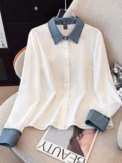 GlowEve Women's Casual Patchwork Denim Effect Shirt, Autumn/Winter