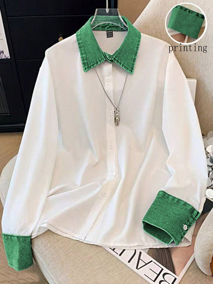 GlowEve Women's Casual Patchwork Denim Effect Shirt, Autumn/Winter