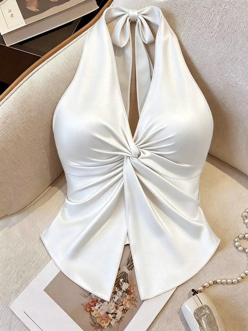 GlowEve Women's White,Summer,Elegant,Party Night Halter Twist Asymmetrical Hem Slit Knit Camisole,Elastic Fashion Top For Date,Dinner,Wedding,Holiday Wear