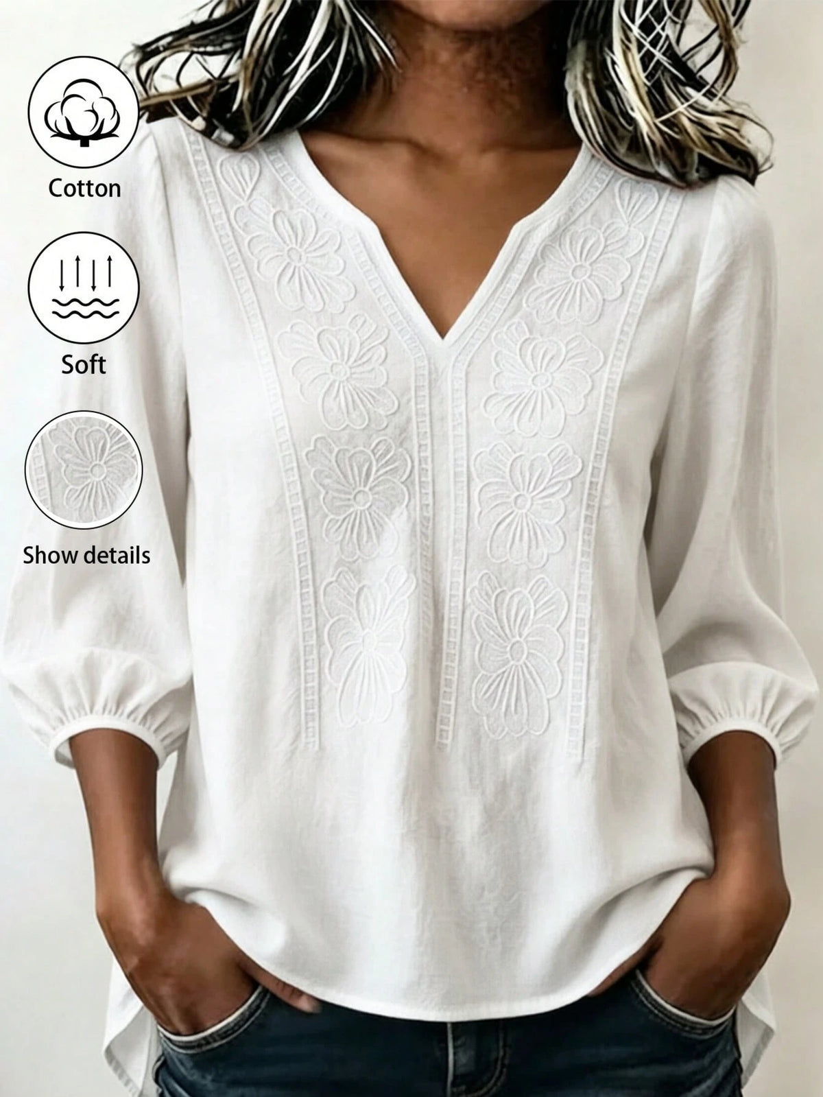 GlowEve Women V-Neck Embroidered White Short Sleeve Blouse