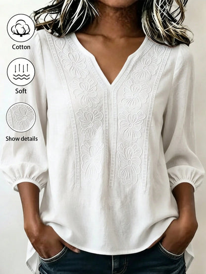 GlowEve Women V-Neck Embroidered White Short Sleeve Blouse