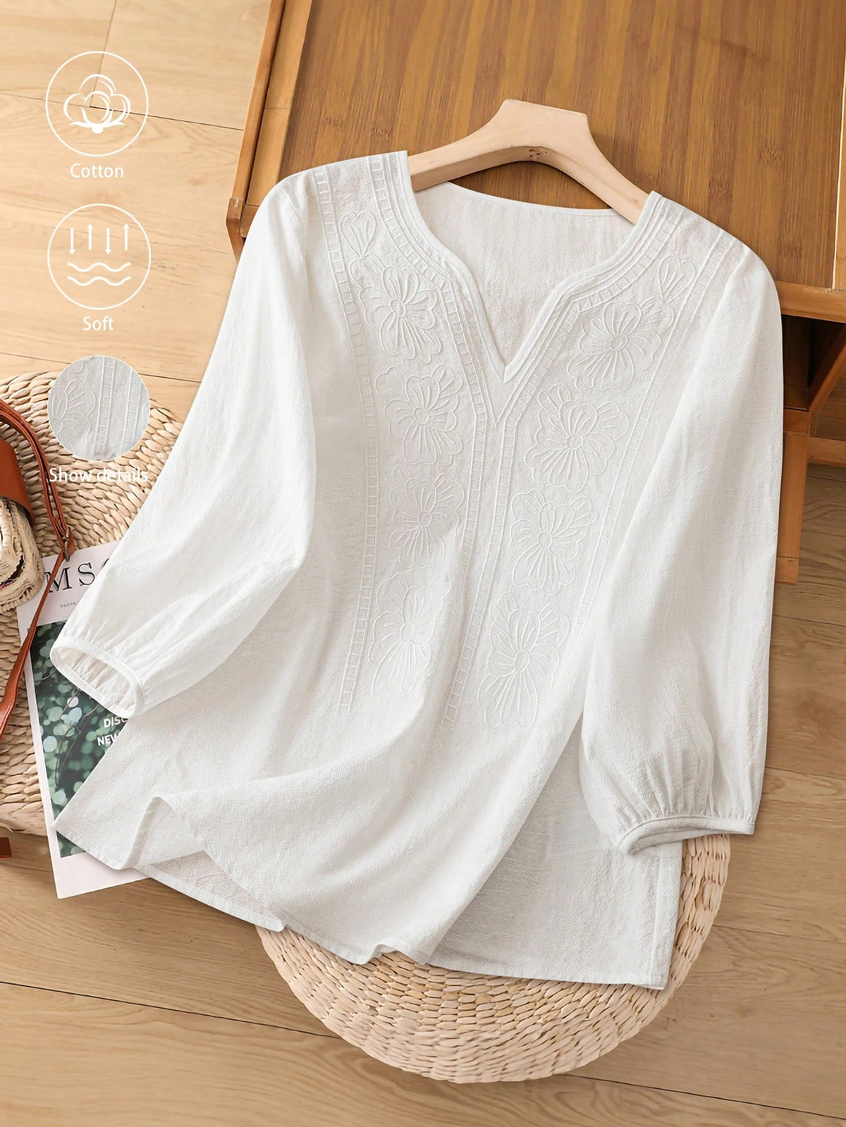 GlowEve Women V-Neck Embroidered White Short Sleeve Blouse