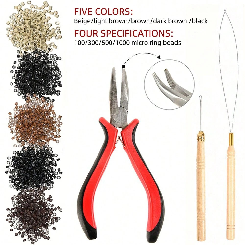 Hair Extensions Tools Kit 100/300/500/1000 Pcs Black Dark Brown Light Brown Gold Micro Ring Beads 1 Micro Beads Plier 1 Hook Needle Pulling