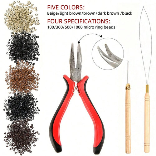 Hair Extensions Tools Kit 100/300/500/1000 Pcs Black Dark Brown Light Brown Gold Micro Ring Beads 1 Micro Beads Plier 1 Hook Needle Pulling