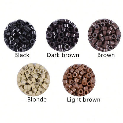 Hair Extensions Tools Kit 100/300/500/1000 Pcs Black Dark Brown Light Brown Gold Micro Ring Beads 1 Micro Beads Plier 1 Hook Needle Pulling