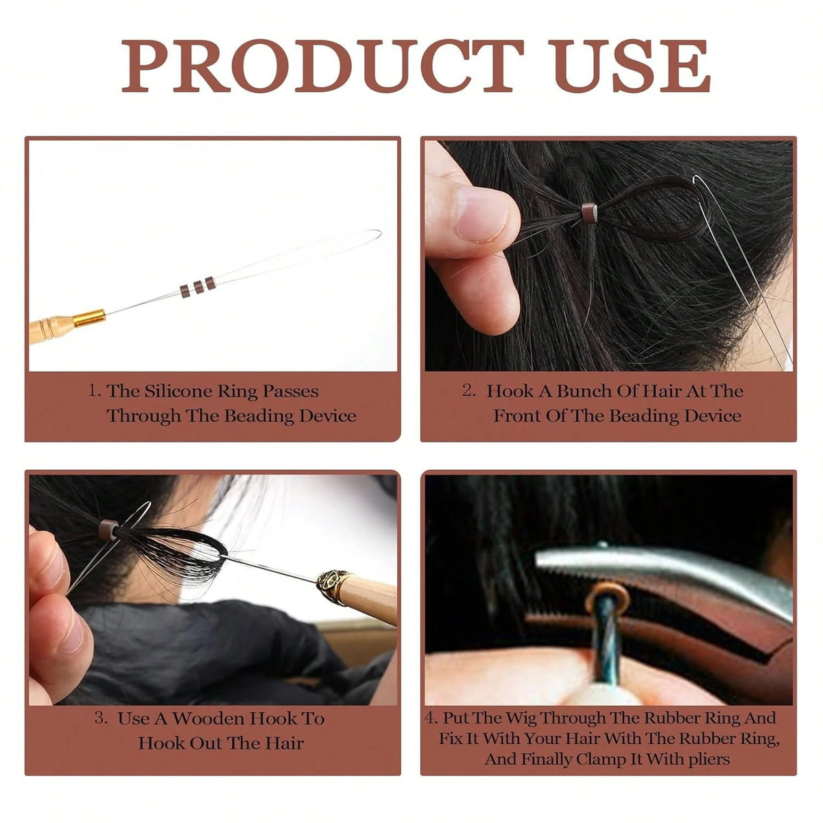 Hair Extensions Tools Kit 100/300/500/1000 Pcs Black Dark Brown Light Brown Gold Micro Ring Beads 1 Micro Beads Plier 1 Hook Needle Pulling