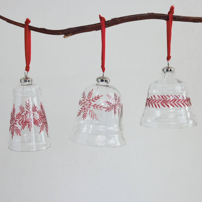 Hand-Blown Etched Glass Bell Ornament w/ Velvet Ribbon - 13 Hub Lane   |  Vintage Inspired Ornaments
