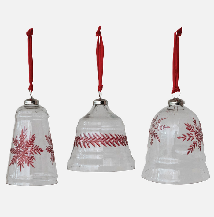 Hand-Blown Etched Glass Bell Ornament w/ Velvet Ribbon - 13 Hub Lane   |  Vintage Inspired Ornaments