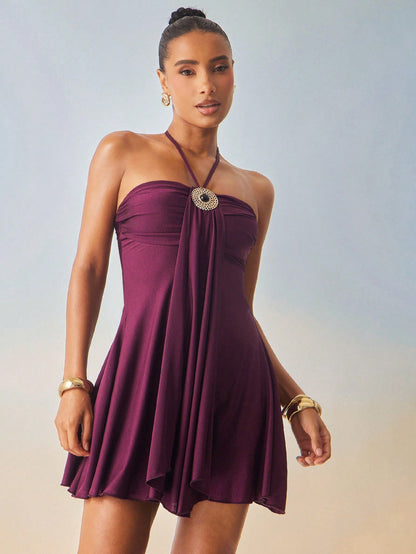 Hauture Women's Round Black Pearl Metal Decor Mini Dress
